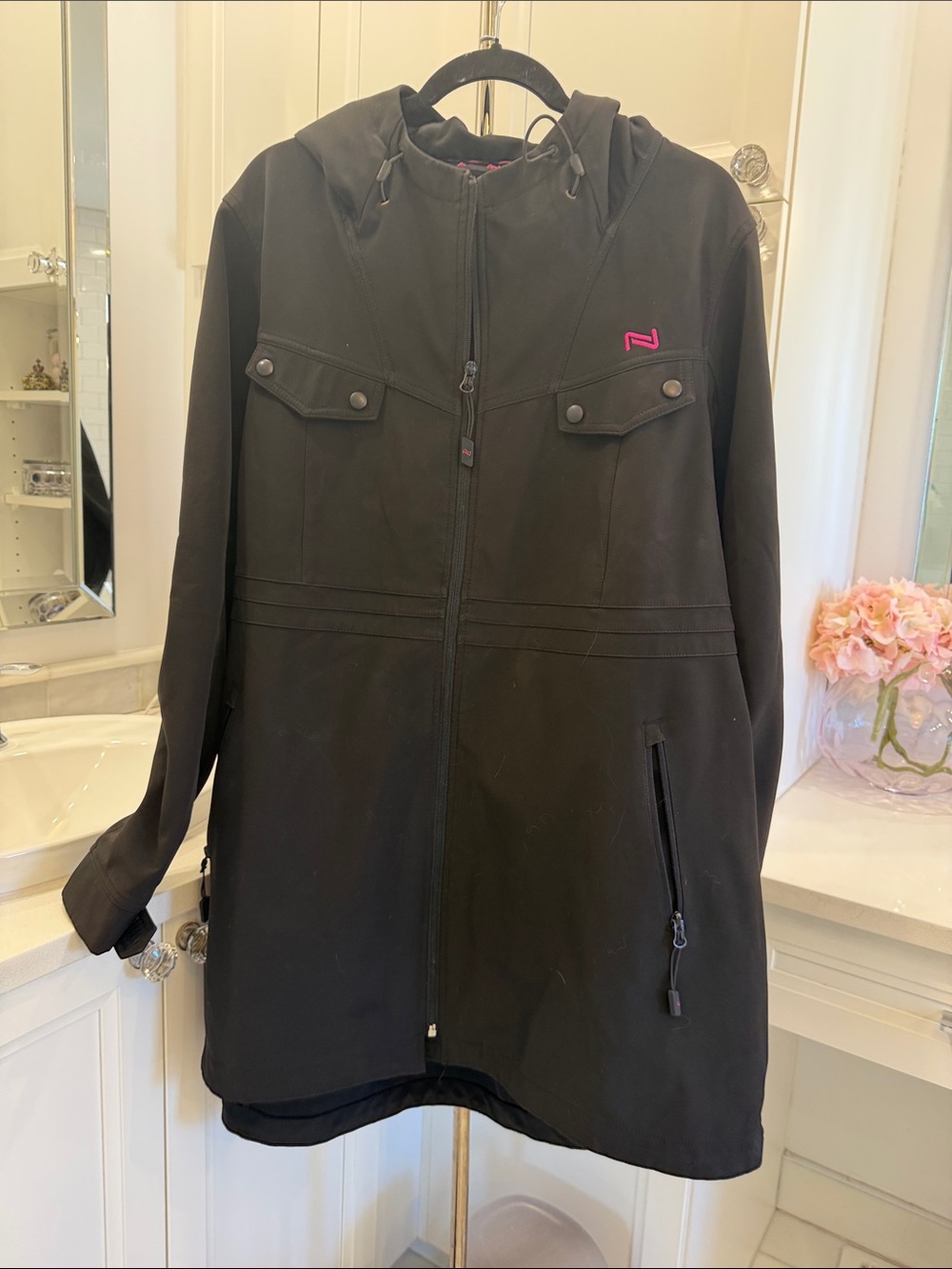 Nola Black Hooded Trench Coat with Pink Logo Accent